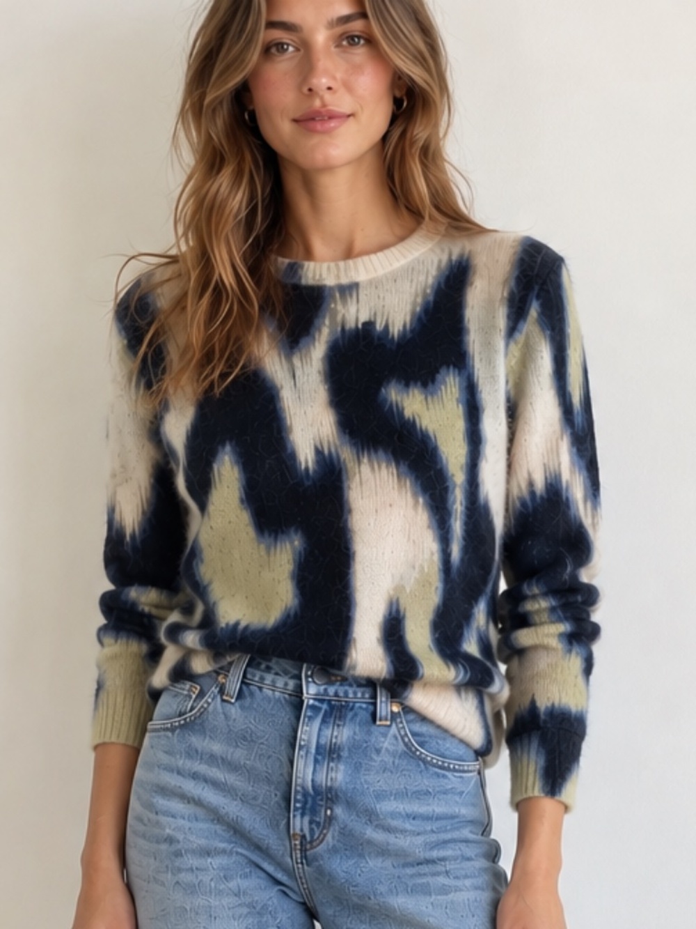 Equipment Mohair Blend Abstract Print Sweater Blue Cream M